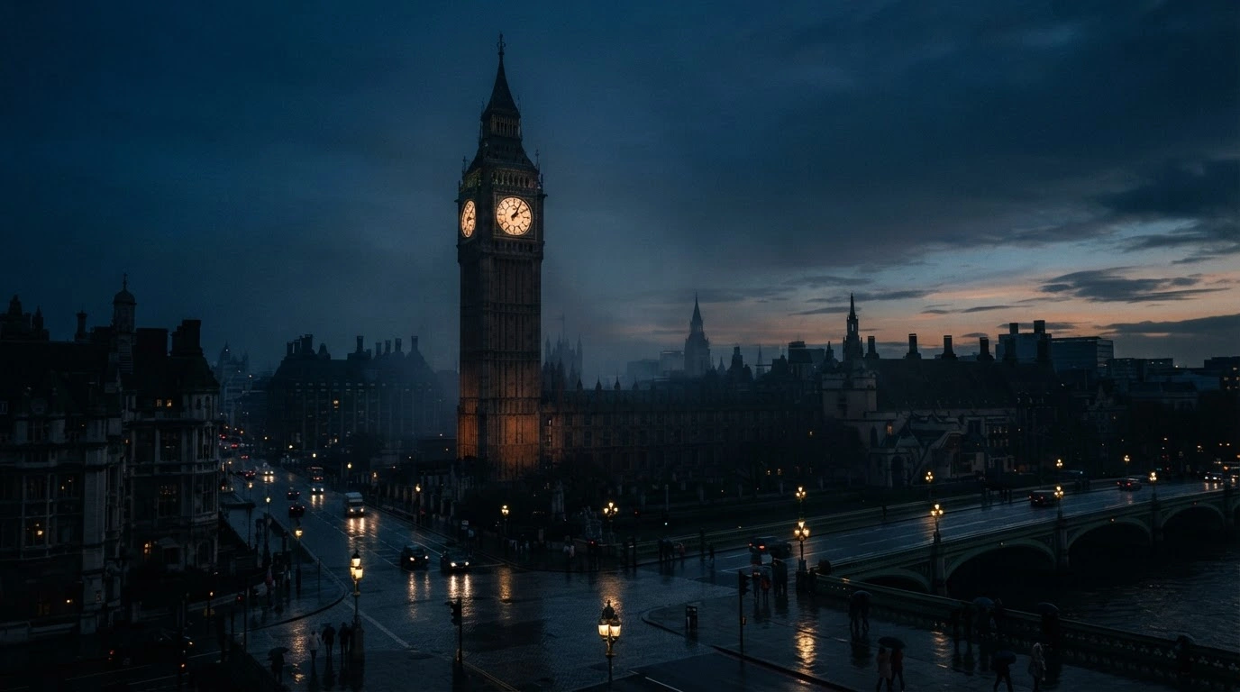 A historic clock tower in the United Kingdom stands against a twilight sky as the country transitions from British Summer Time to Greenwich Mean Time.