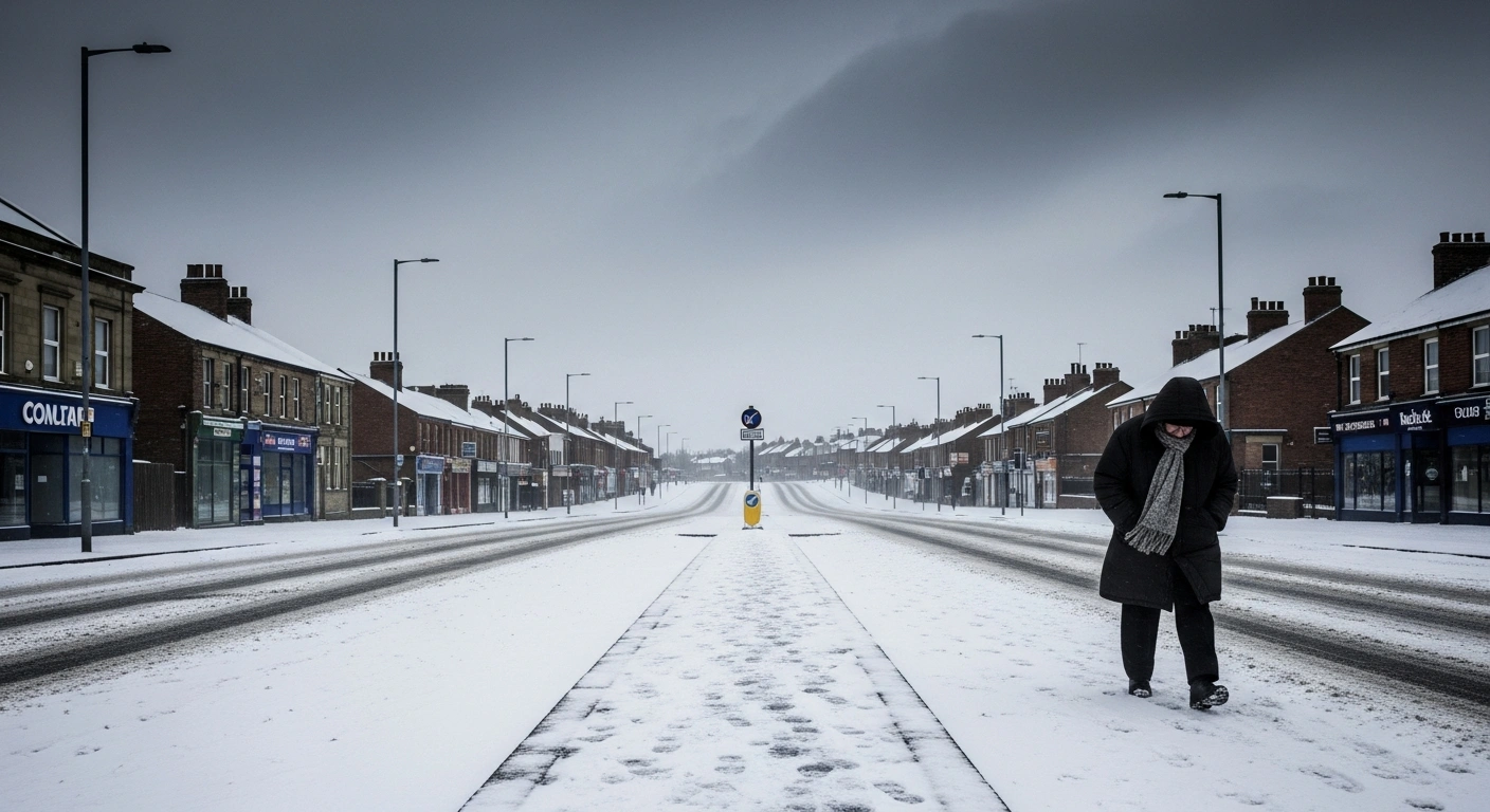 An elderly person, heavily bundled in winter clothing, walks slowly down a snow-covered street in a northern English town under a grey, overcast sky, illustrating the amber cold health alerts issued by the UKHSA and Met Office for regions experiencing predicted cold temperatures, snow, and ice, raising concerns for vulnerable groups.