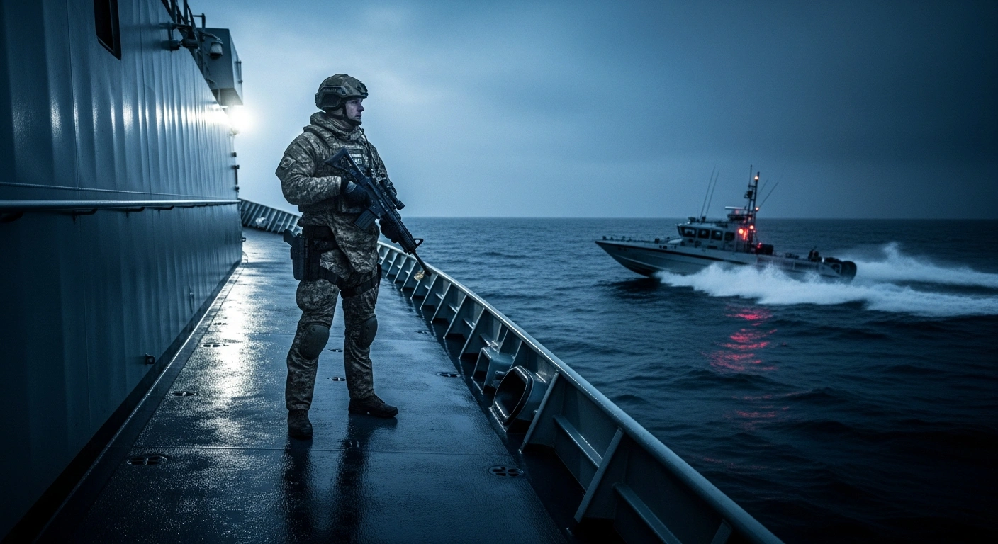 A Royal Marine commando stands on a naval ship deck as part of the newly formed UK Commando Force during a maritime operation.