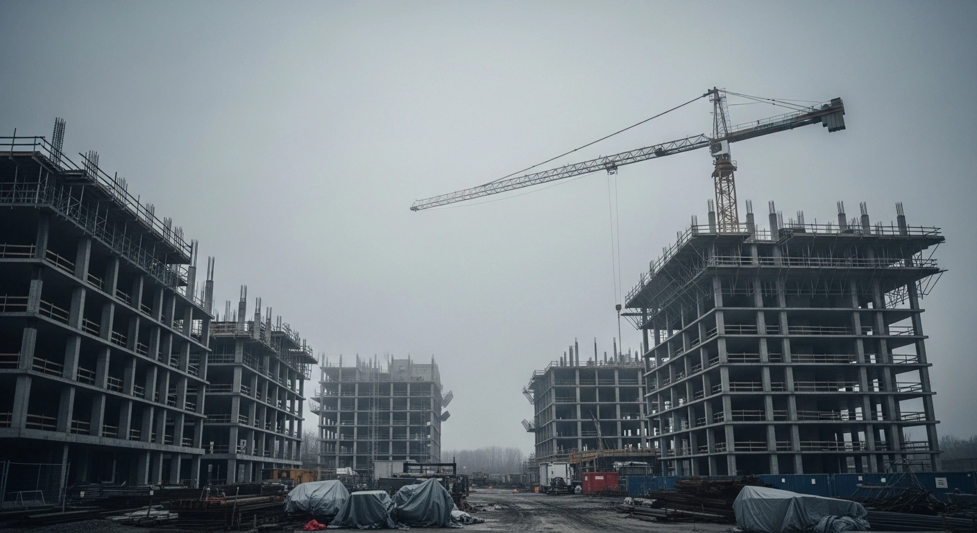 A wide, cinematic shot of a desolate, unfinished UK construction site under an overcast sky, featuring skeletal building frames, a dormant crane, and abandoned equipment, representing the construction sector's longest continuous downturn, weak client confidence, and delayed investment.