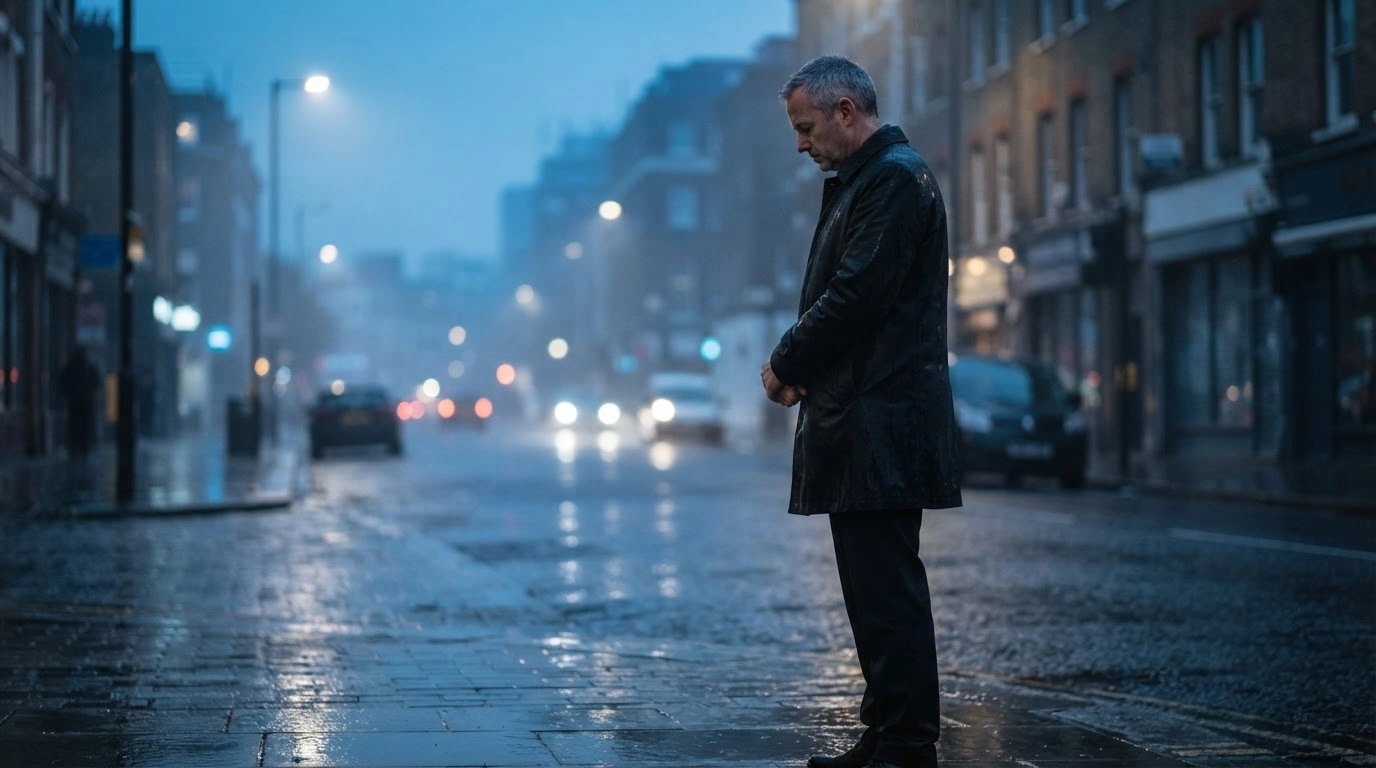A solitary person stands on a rainy London street at dusk, representing the decline in UK consumer confidence and growing economic anxiety among British households.