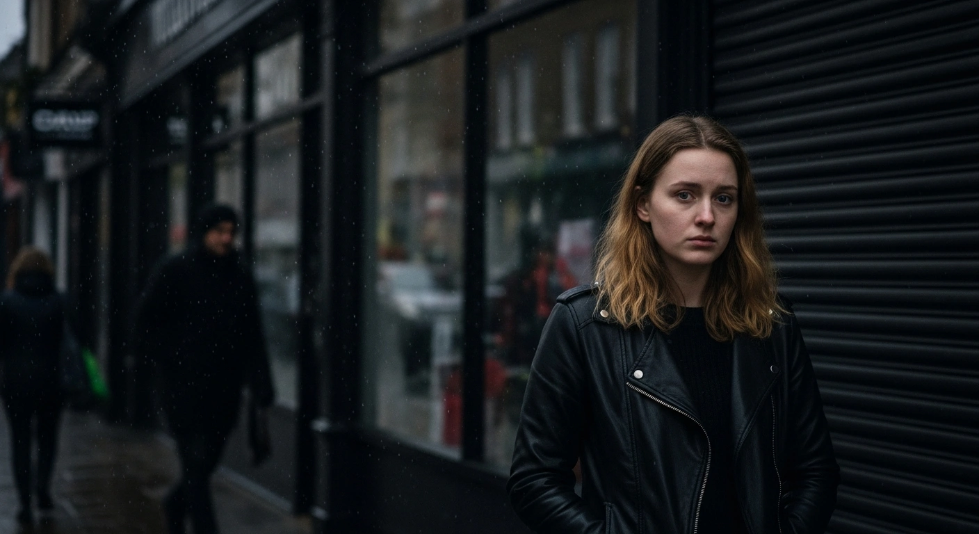 A solitary individual with a worried expression stands before a rain-streaked window of a closed shop, symbolizing the declining UK consumer sentiment and heightened household concerns over debt levels, reflecting persistent economic pessimism.