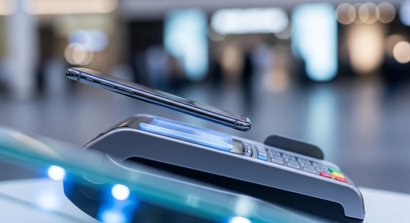 A smartphone makes a contactless payment at a terminal, representing the new regulatory flexibility for digital transactions in the United Kingdom.