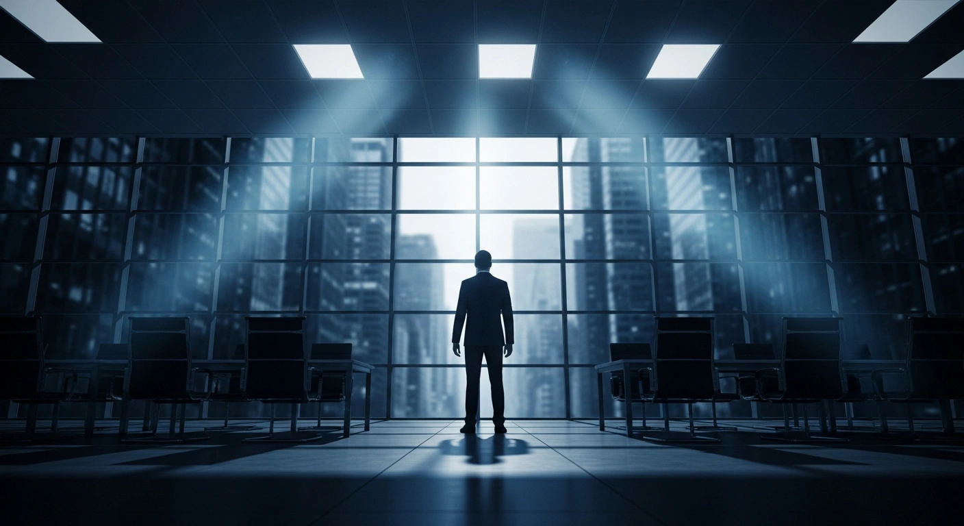 A corporate executive stands in a dark, modern boardroom representing the increased legal accountability for senior managers under the new UK Economic Crime and Corporate Transparency Act.