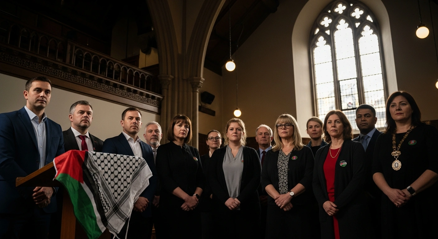 A diverse group of UK local council members stands in a dimly lit council chamber, their serious expressions symbolizing their commitment to the Councillor Pledge for Palestine, aiming to make Palestinian rights a central issue in upcoming local elections and advocating for divestment from alleged violations of international law.