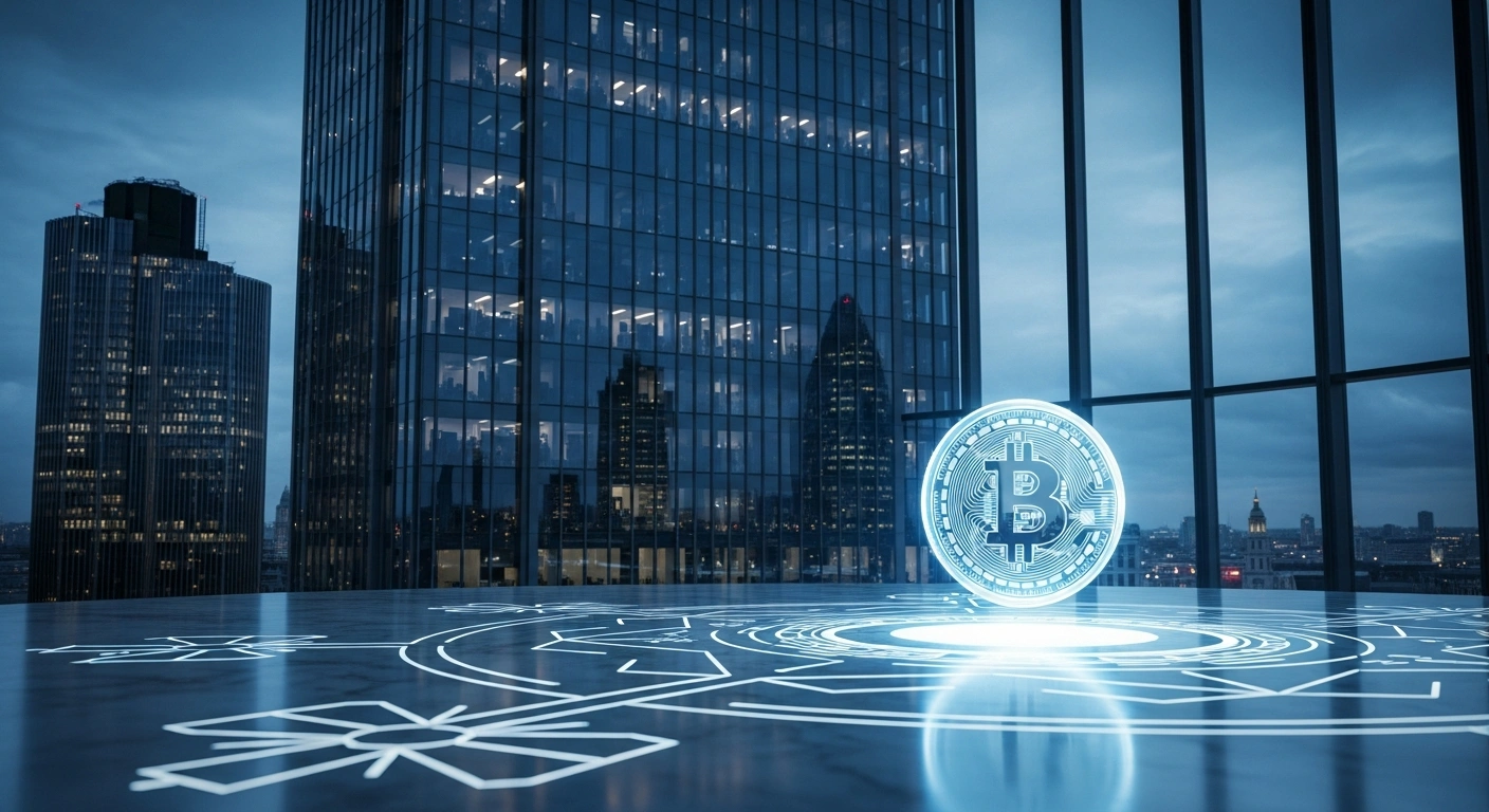 A digital representation of a cryptocurrency coin sits on a desk in front of a London office building, symbolizing the new regulatory framework introduced by the UK Financial Conduct Authority.