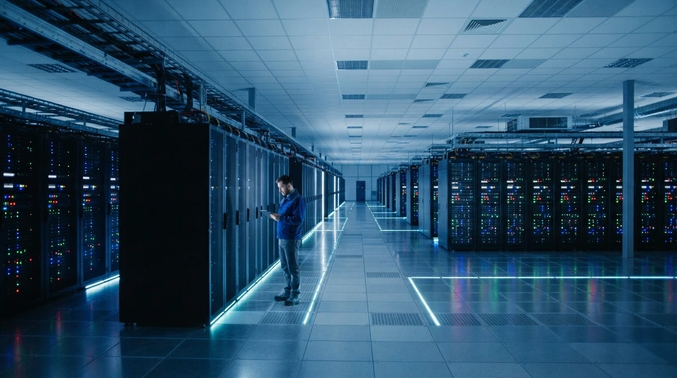 A lone technician stands inside a vast, highly automated UK datacentre that requires minimal human labor.