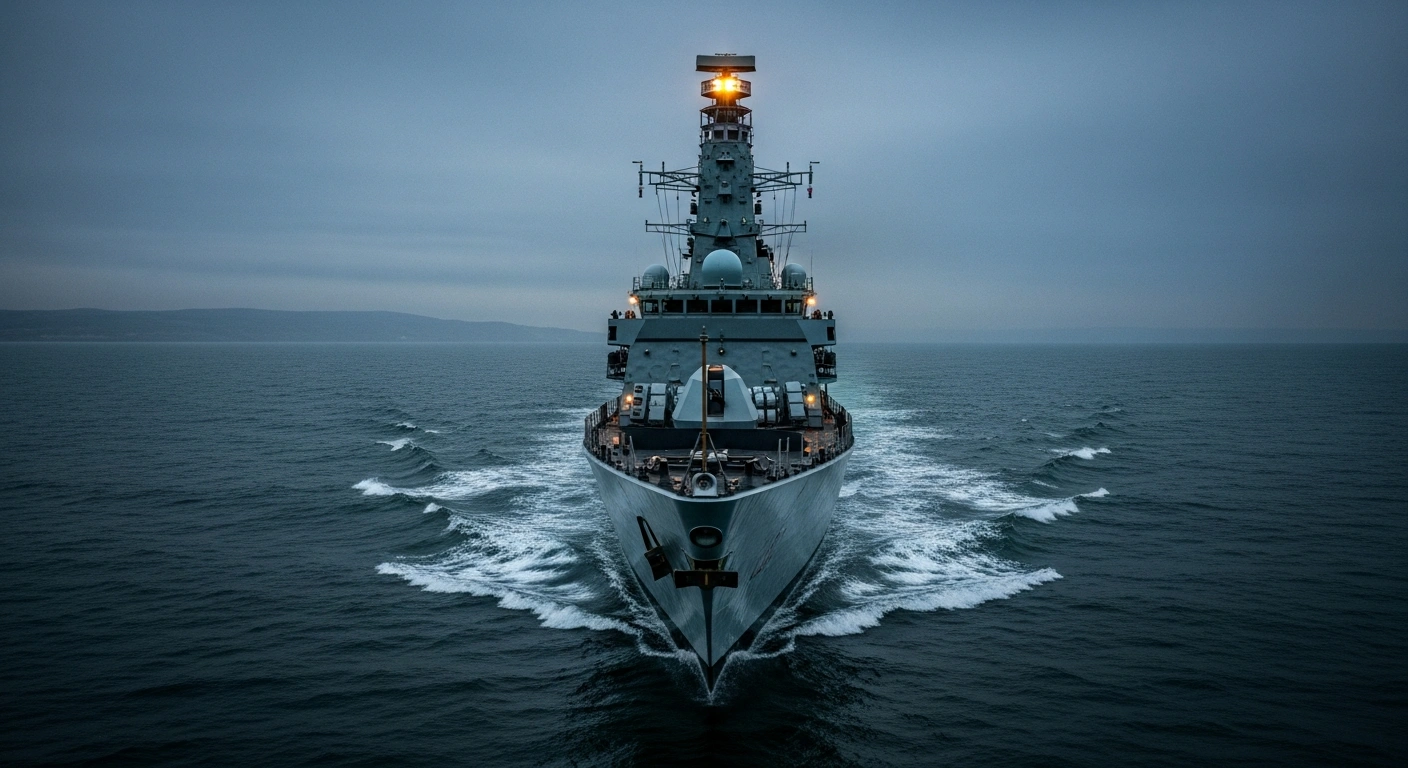 A modern British naval ship patrols the North Sea to represent the United Kingdom's commitment to increased defense spending and national security.