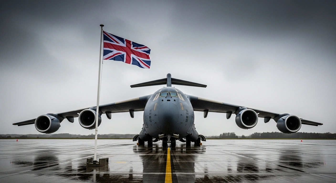 A grounded, imposing military transport aircraft sits on a stark, rain-slicked tarmac under a brooding, overcast sky, with a Union Jack flag flying resolutely in the mid-ground, symbolizing the United Kingdom's denial of former President Donald Trump's request to use British RAF bases for potential military strikes against Iran, reflecting heightened tensions between the allies over international law concerns.