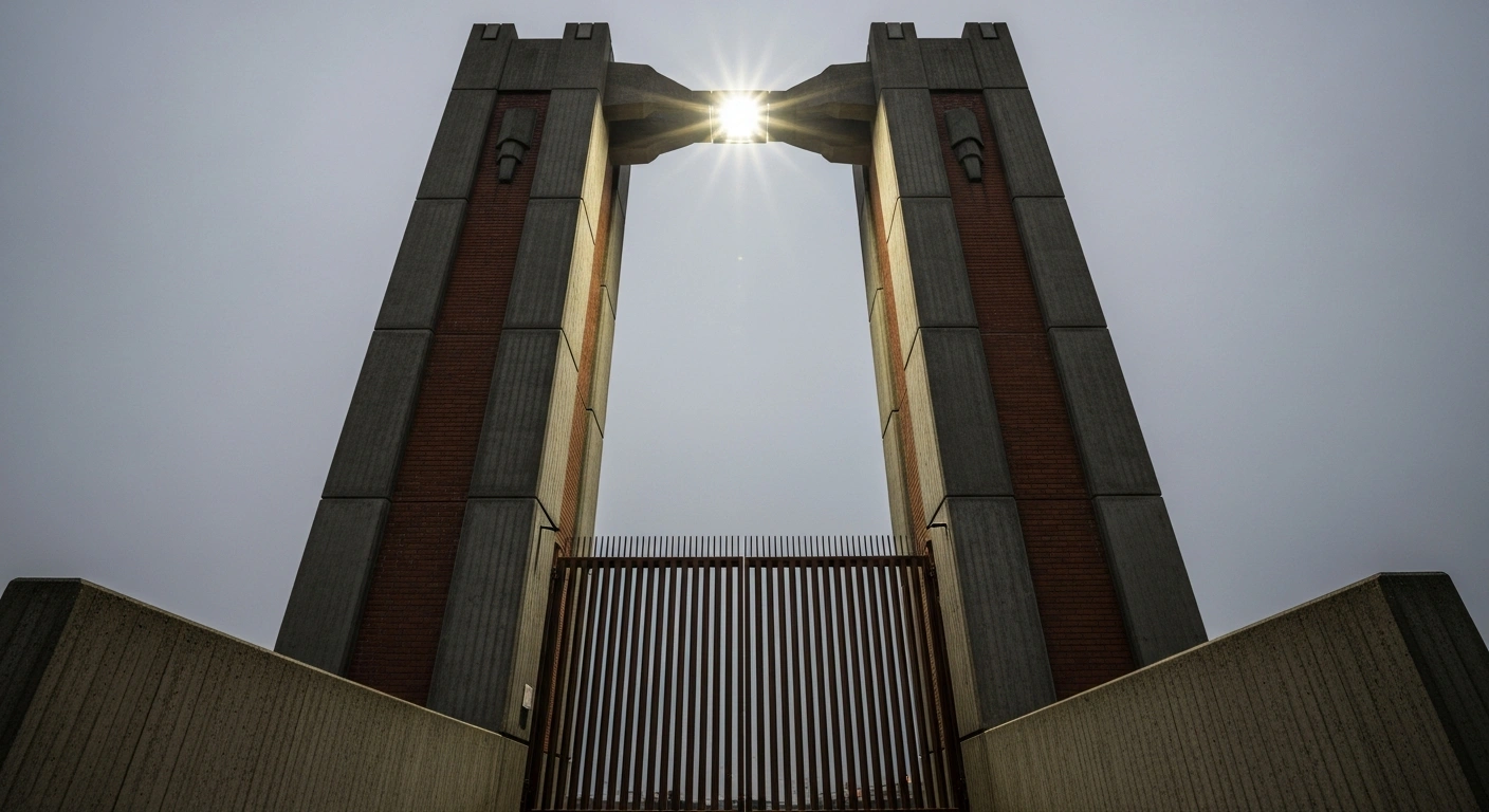 A towering, imposing border gate made of dark grey concrete and red brick stands closed under a harsh spotlight, symbolizing the UK government's stringent immigration reforms inspired by Denmark's policies, focusing on temporary protection, family reunion, and deterrence.