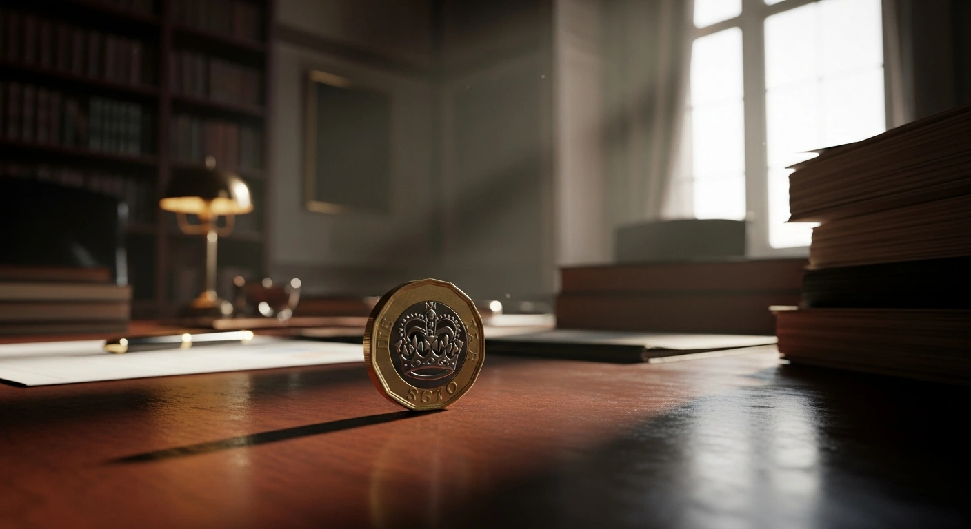 A metallic pound coin sits on a desk in a dark office as the UK Treasury and Bank of England consider pausing the digital pound project.