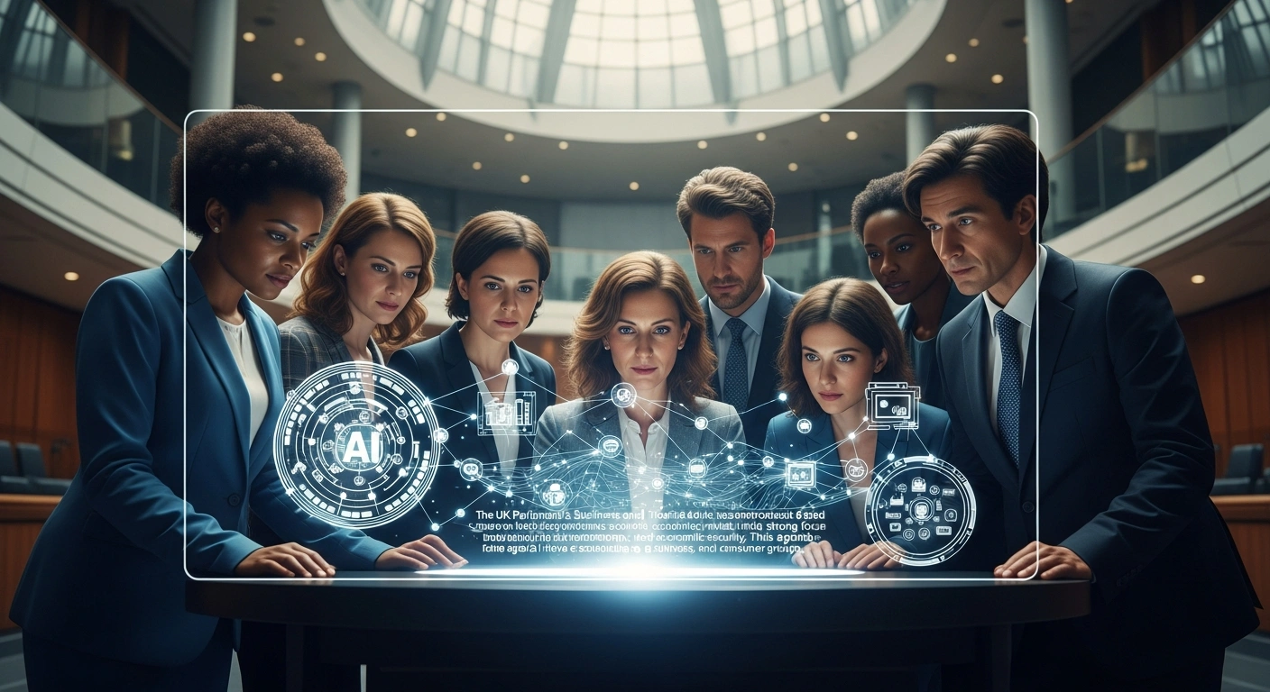 A diverse group of seven individuals representing various sectors, including businesses, trade unions, and consumer groups, are gathered around a holographic display in a modern parliamentary setting, symbolizing the UK Parliament's Business and Trade Committee's focus on seven key economic revival priorities, including AI transformation, industrial strategy, and economic security.