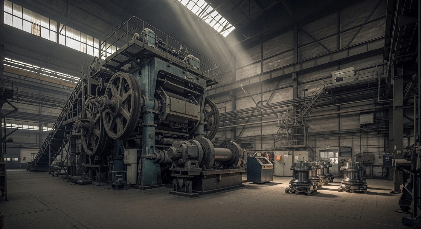 A dimly lit industrial factory floor features a large, mostly dormant machine with dust on its gears, symbolizing a decline in the production sector, while a single, weak shaft of sunlight highlights a small area of activity, representing modest growth in other sectors amidst the UK economy's slowdown in Q2 2025.
