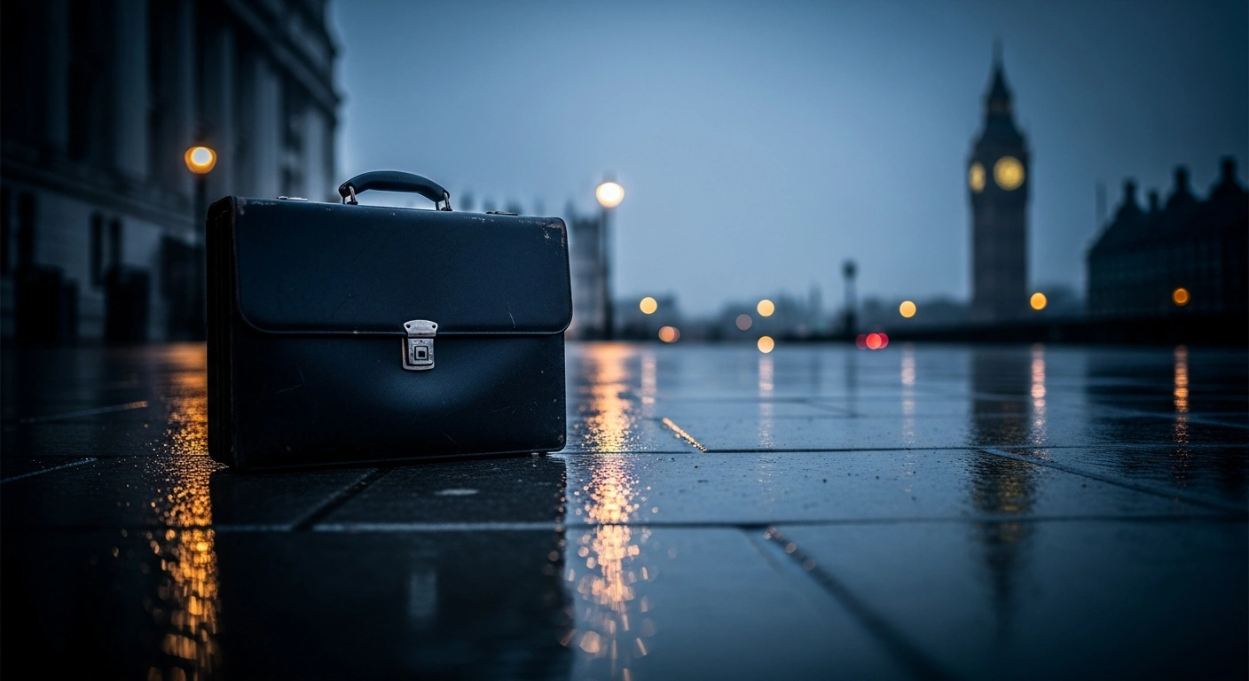 A solitary briefcase sits on a wet London street at dawn, symbolizing the stagnation of the UK economy in January.
