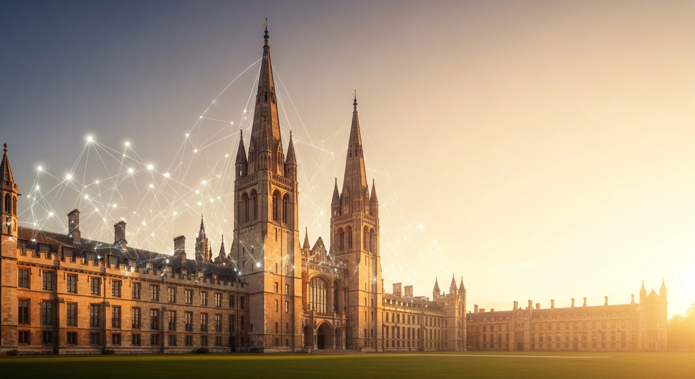 A majestic, ancient UK university building with spires reaching towards a dawn-lit sky, from which a network of glowing lines extends globally, symbolizing the UK government's new strategy to boost education exports through overseas university hubs and strengthen global partnerships.