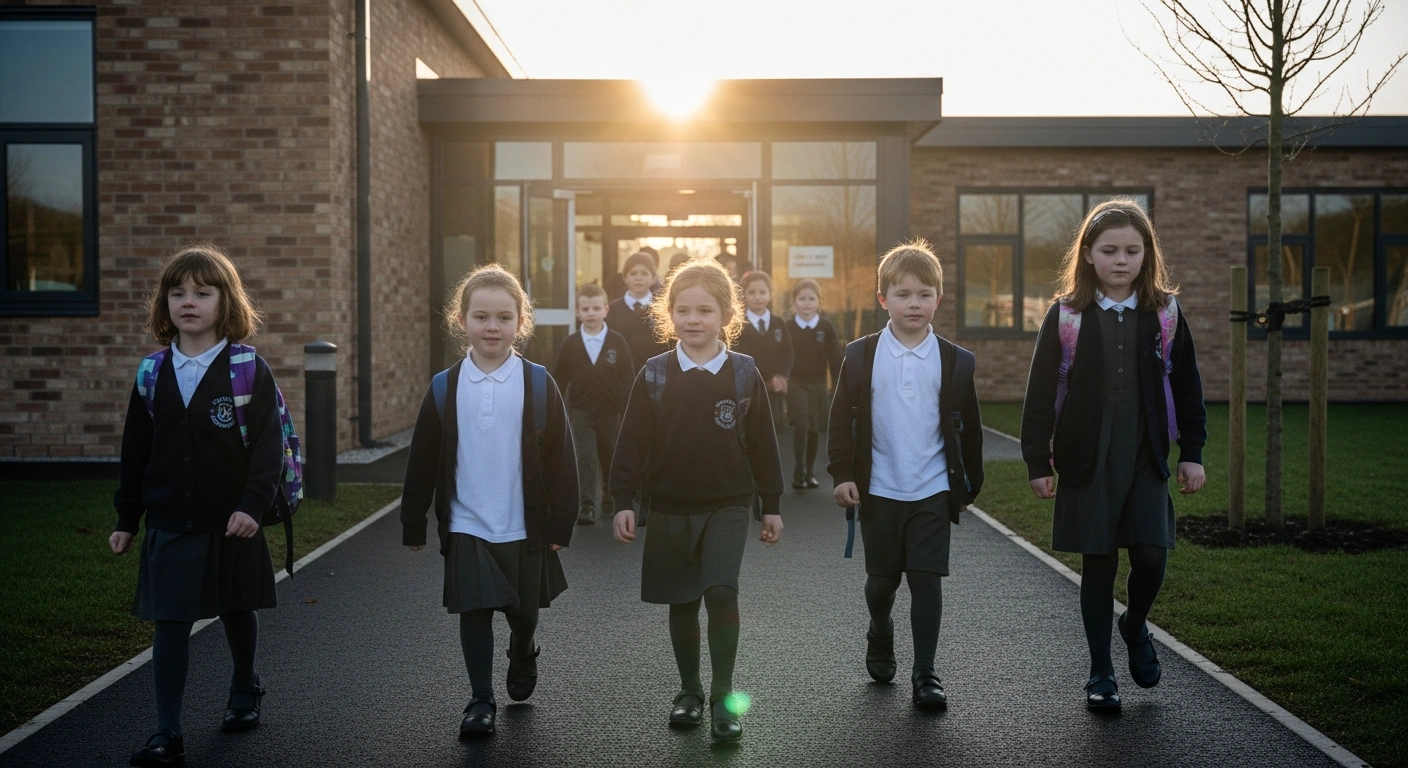 A diverse group of primary school children, some with subtle indicators of special educational needs, walk confidently towards a brightly lit, modern school entrance under a hopeful morning sky, representing the UK government's extensive education reforms for England, including efforts to halve the attainment gap for disadvantaged pupils and overhaul the SEND system.