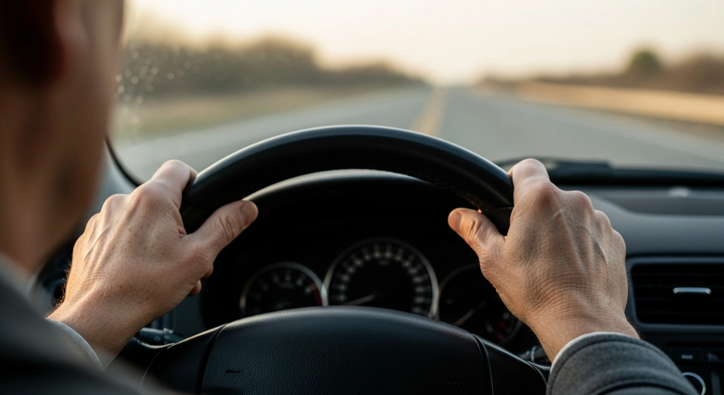 An elderly person grips a steering wheel while driving, representing the UK government's consultation on mandatory eyesight testing for drivers over 70.