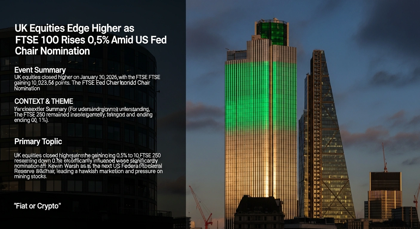A modern financial skyscraper in London, illuminated with a green glow on its upper floors and neutral light on its middle sections, symbolizes the rise of UK equities and the FTSE 100, while the FTSE 250 remains stable; a sharp shadow stretching across a distant mining landscape represents the hawkish market reaction to Kevin Warsh's nomination as US Federal Reserve Chair and pressure on mining stocks.