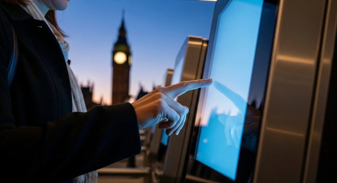 A traveler's hand interacts with a glowing digital screen at a modern border control, with a blurred London landmark in the background, symbolizing the United Kingdom's new Electronic Travel Authorisation (ETA) and eVisa digital border strategy for international visitors.