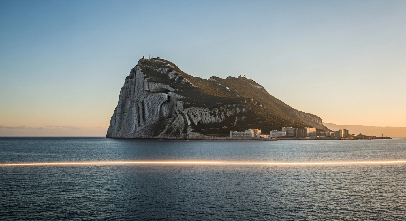 A photorealistic image of the Rock of Gibraltar at golden hour, with a subtly blurring border line in the foreground, symbolizing the UK Parliament's robust support for the UK/EU treaty to achieve border fluidity with Spain, safeguard British sovereignty, and integrate Gibraltar into the Schengen Area and customs union for economic stability and legal certainty.