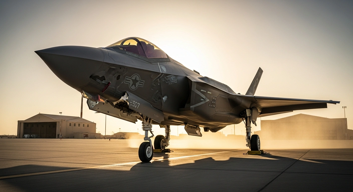 A British F-35B Lightning II fighter jet sits on a desert tarmac during a deployment in the Middle East.