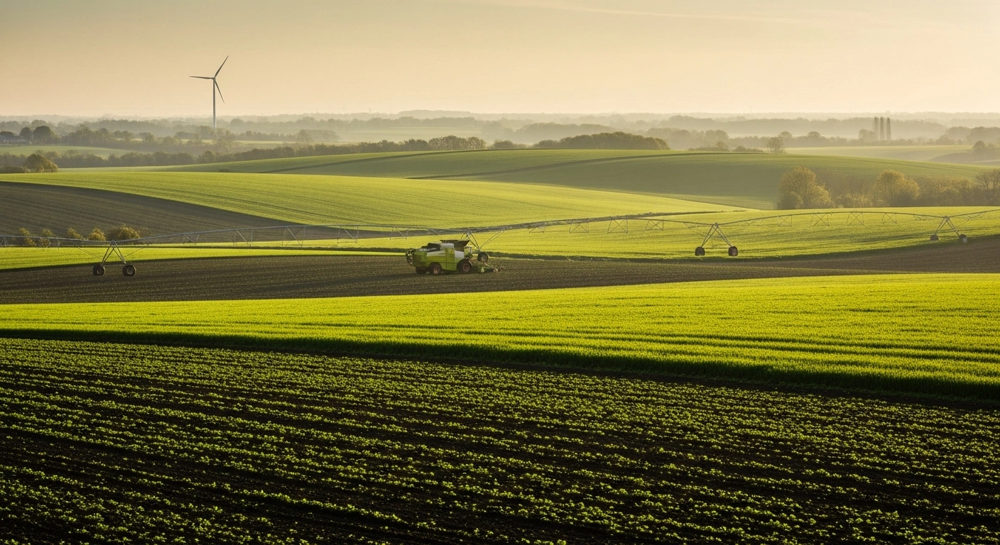 A modern English farm landscape features advanced agricultural technology integrated with sustainable fields to represent the UK government's 2050 farming roadmap.