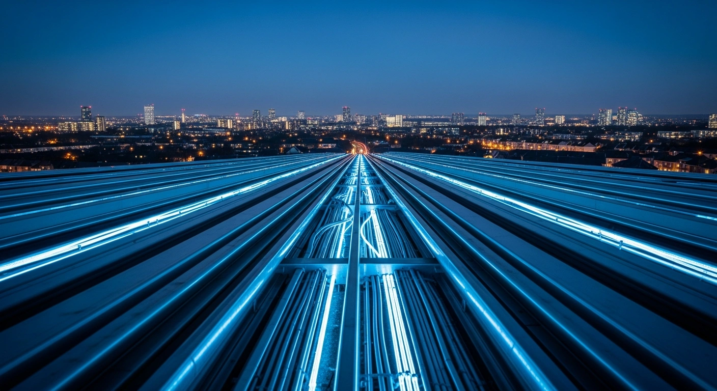 A conceptual view of glowing fiber optic cables running beneath a modern British city to represent Ofcom's strategy for gigabit-capable full-fibre network investment.