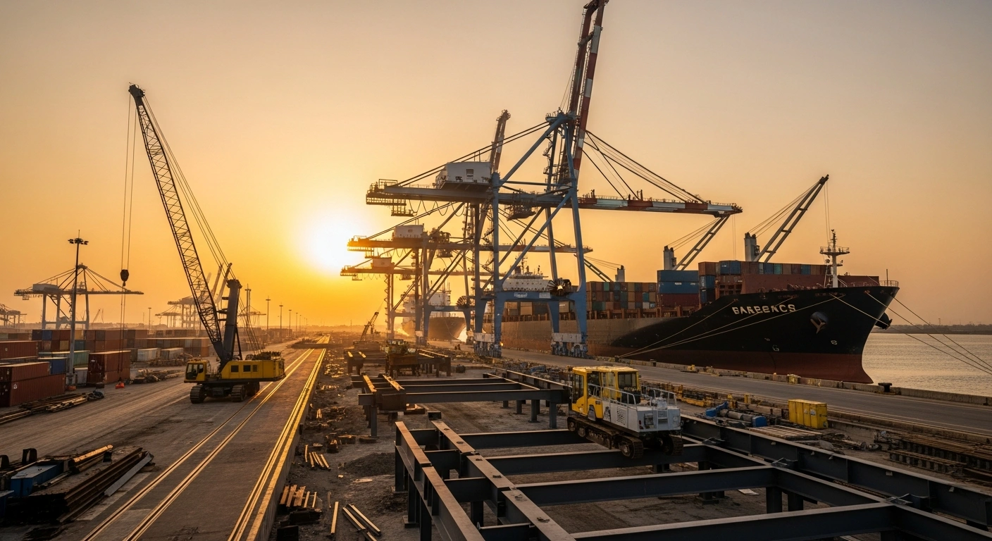 A wide-angle view of a busy Nigerian port undergoing modernization with large cranes and construction equipment during a sunset.