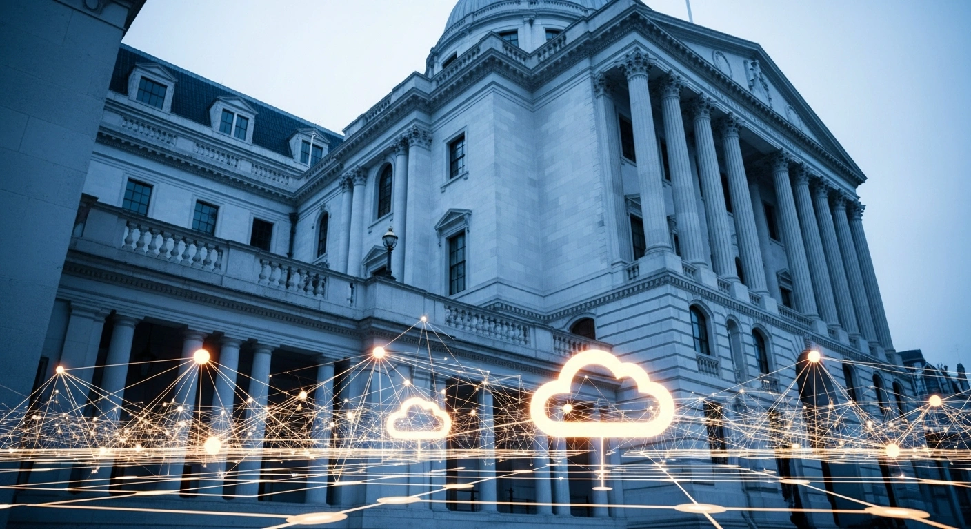 The Bank of England building is illuminated at twilight with digital data streams representing the oversight of major technology providers like Amazon, Google, and Microsoft.