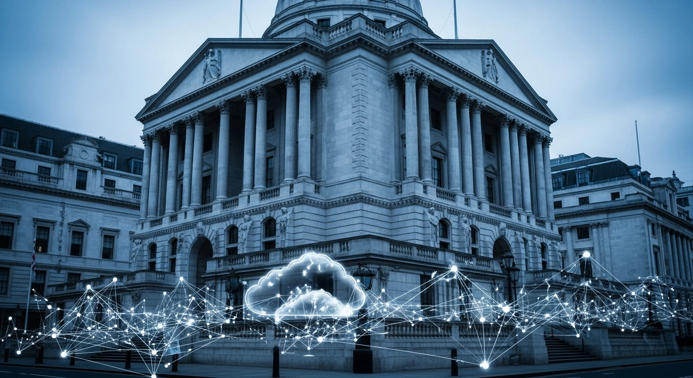 The Bank of England building is illuminated at night with a digital network overlay representing the regulation of cloud technology providers in the UK financial sector.
