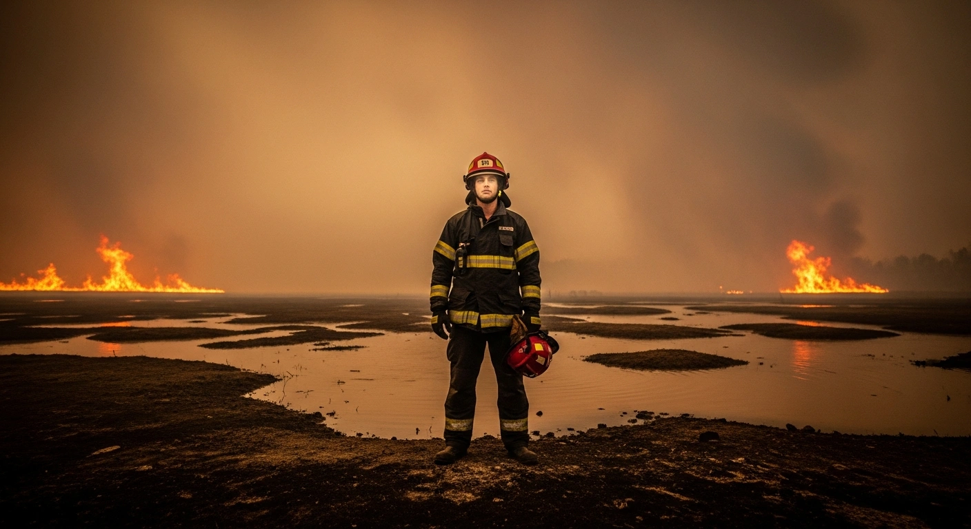 A lone firefighter stands determinedly in a landscape showing the devastation of both wildfires and receding floodwaters, under a smoke-filled sky with a golden light symbolizing the urgent need for investment in UK fire and rescue services, a call supported by environmental and tax justice groups and the Fire Brigades Union.