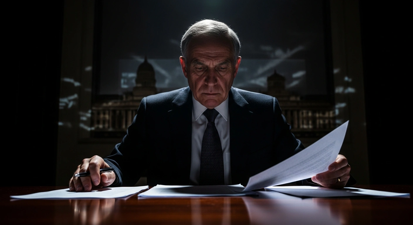 A distinguished man, representing Philip Rycroft, meticulously examines documents on a desk in a dimly lit, formal room, symbolizing the UK government's independent review into foreign financial interference and evolving threats following the conviction of former MEP Nathan Gill for accepting Russian bribes.