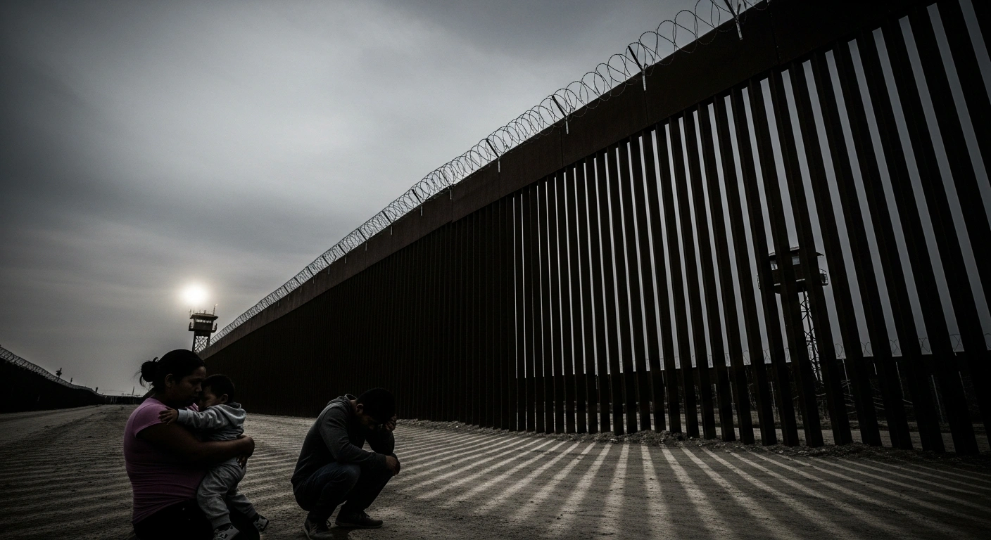A stark, low-angle photograph depicts a formidable border fence under a bleak sky, with silhouettes of vulnerable individuals, including a mother and child, in the foreground, symbolizing the human rights concerns raised by UN experts regarding the UK-France 'one in, one out' asylum deal.