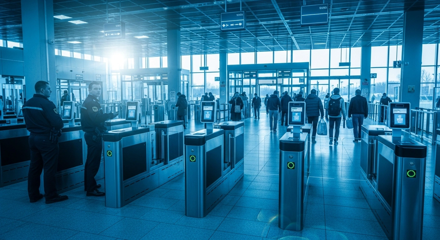 Border agents manage biometric kiosks at a shared UK and France crossing point to prepare for new European Union entry requirements.