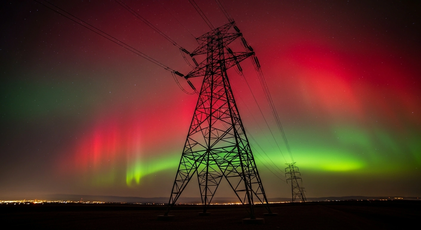 A towering electrical transmission pylon stands silhouetted against a night sky ablaze with vibrant, swirling crimson and emerald auroras, symbolizing the potential widespread disruptions to power grids and communications in the UK from a G5 intensity solar storm.