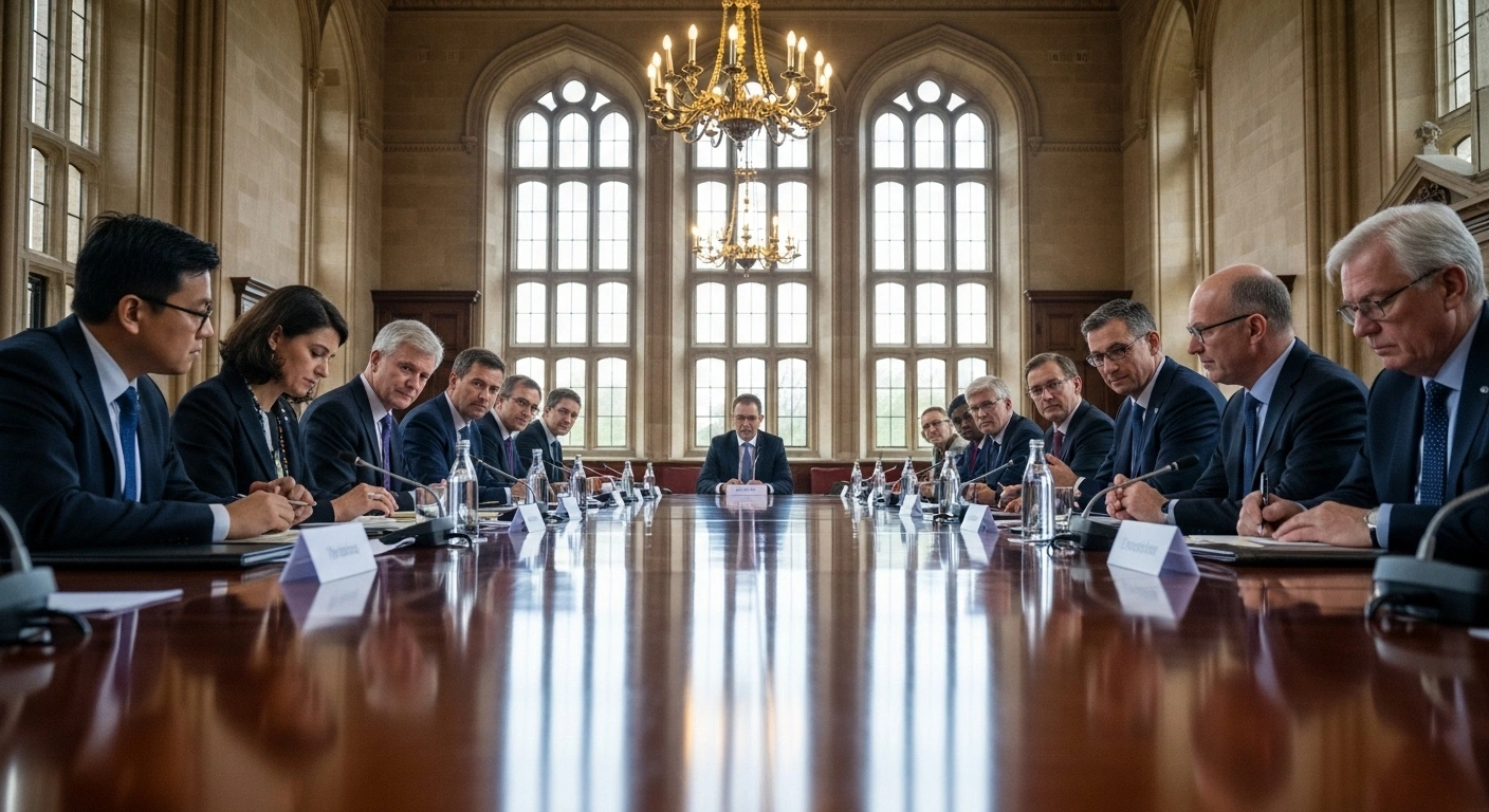 An international summit hosted by the United Kingdom's Wilton Park agency features diverse delegates discussing Gaza's recovery and reconstruction, humanitarian aid, and support for the Palestinian Authority's reform program in a grand conference hall.