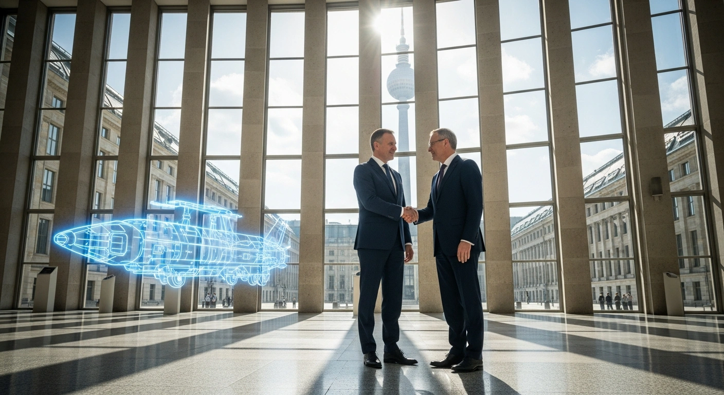 British and German officials shake hands in Berlin to mark a new defense cooperation agreement for developing future precision strike missile capabilities.