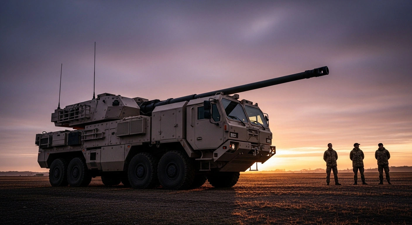 A cutting-edge RCH 155 mobile artillery system stands on a proving ground at dawn, observed by silhouetted military officials, symbolizing the joint £52 million contract between the United Kingdom and Germany to acquire and test the system, enhancing defense cooperation and modernizing artillery capabilities, drawing lessons from the conflict in Ukraine.