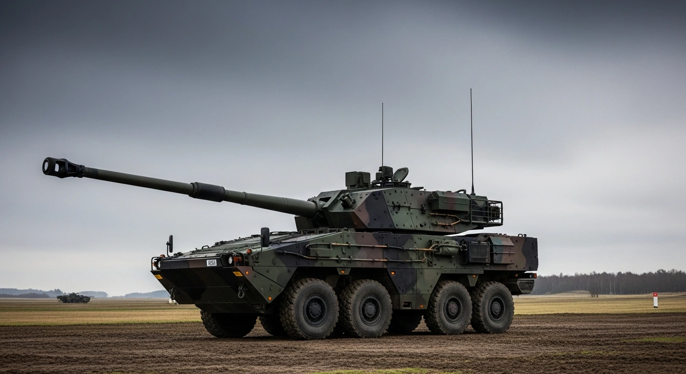 A powerful, cutting-edge RCH 155 wheeled artillery system stands on a testing ground under an overcast sky, symbolizing the joint UK and German defense cooperation to modernize land warfare capabilities.