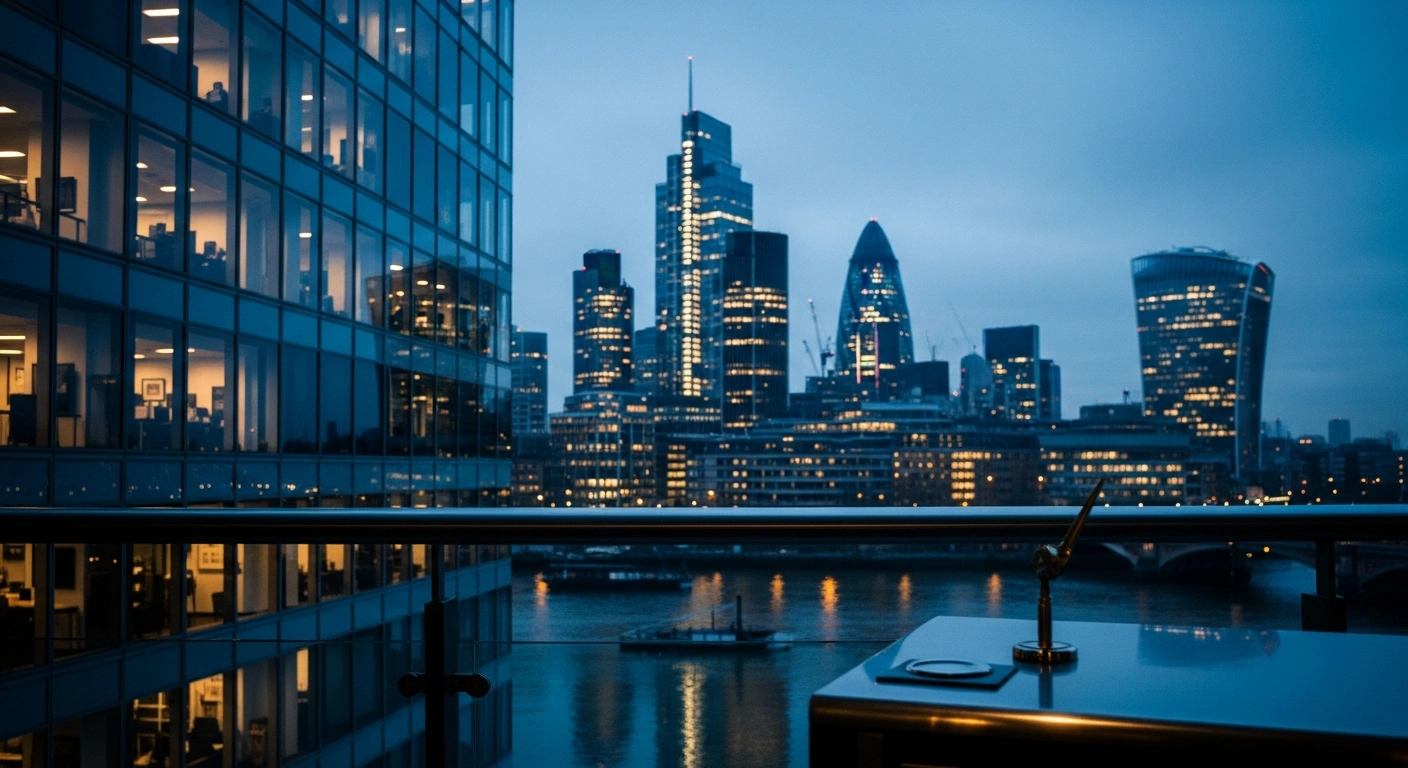 A professional view of the London financial district at dusk representing the rising UK government bond yields and economic uncertainty.