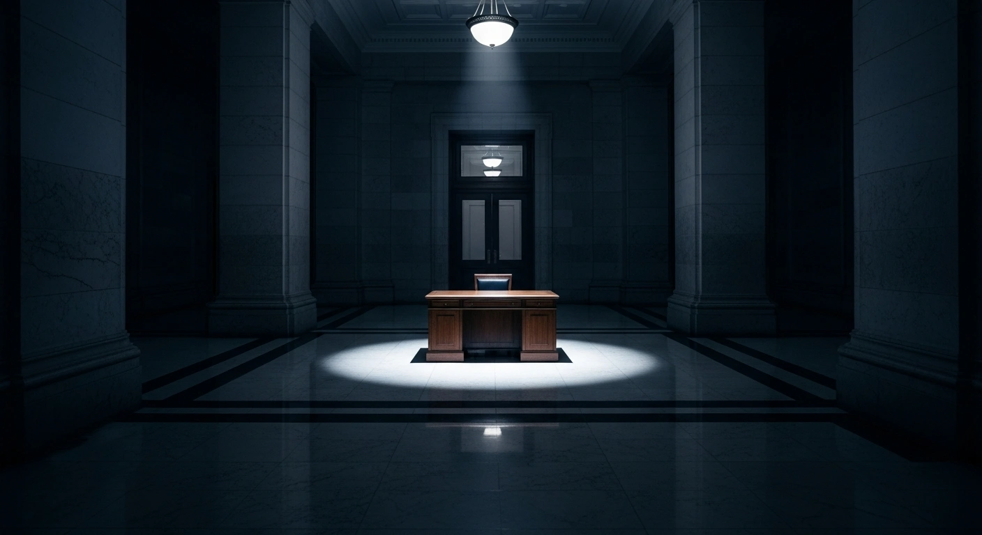 An empty, dimly lit government office hallway symbolizes the financial loss caused by cancelled UK government projects.