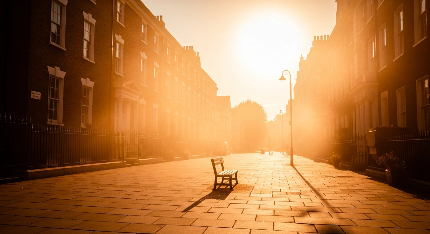 A sun-drenched street in England experiences a severe heatwave with visible heat haze rising from the pavement under a clear sky.
