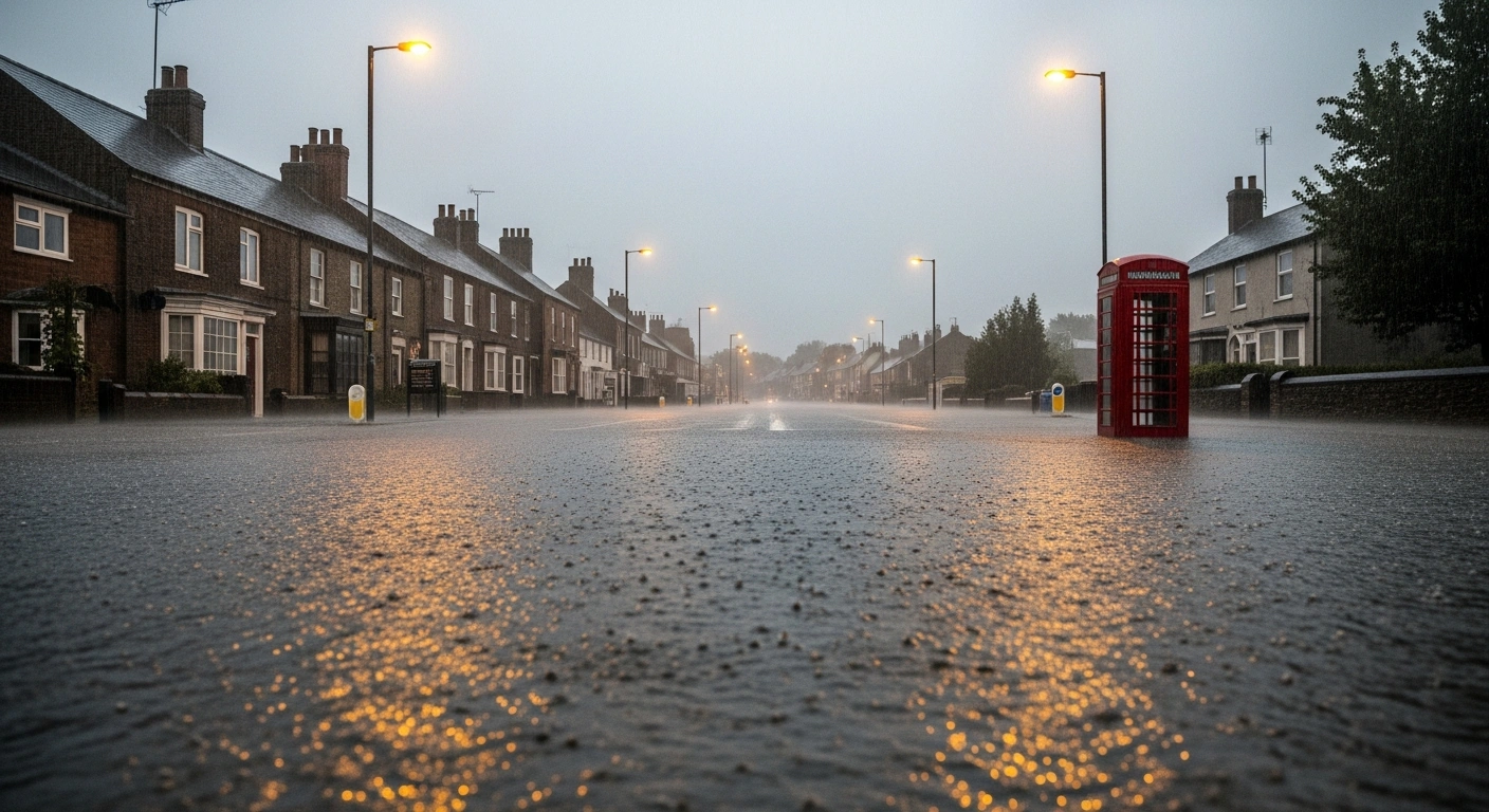 A desolate, rain-slicked street in the United Kingdom shows rising floodwaters partially submerging a red telephone box under a grey sky, illustrating the impact of heavy rainfall and ongoing flood alerts in England and Wales.