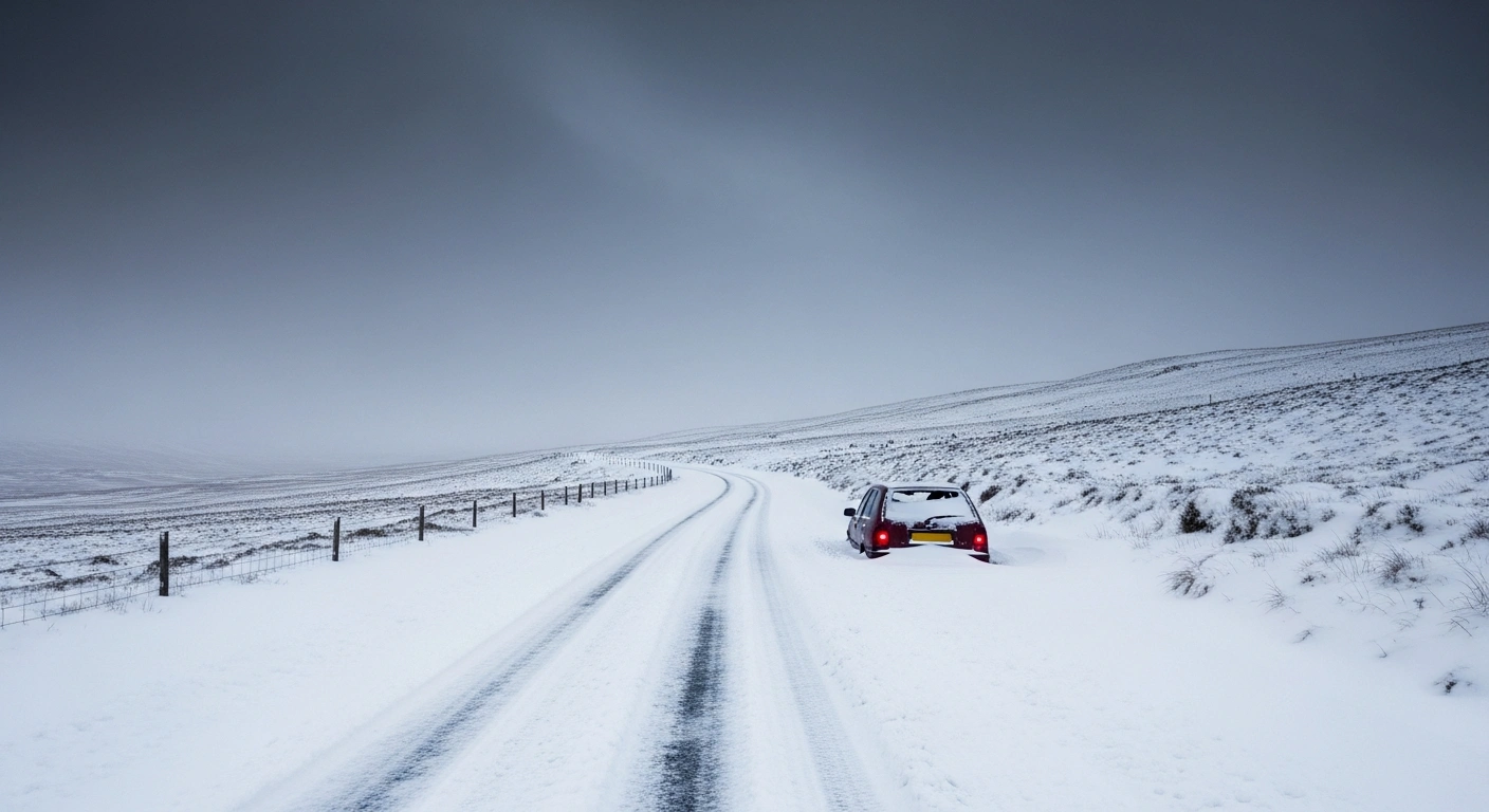 A desolate, snow-choked road in the Scottish Highlands, covered in deep snow drifts under a heavy grey sky, with an abandoned vehicle half-buried, illustrating the severe travel disruption caused by heavy snow and Arctic air across the UK, as warned by the Met Office for early January 2026.