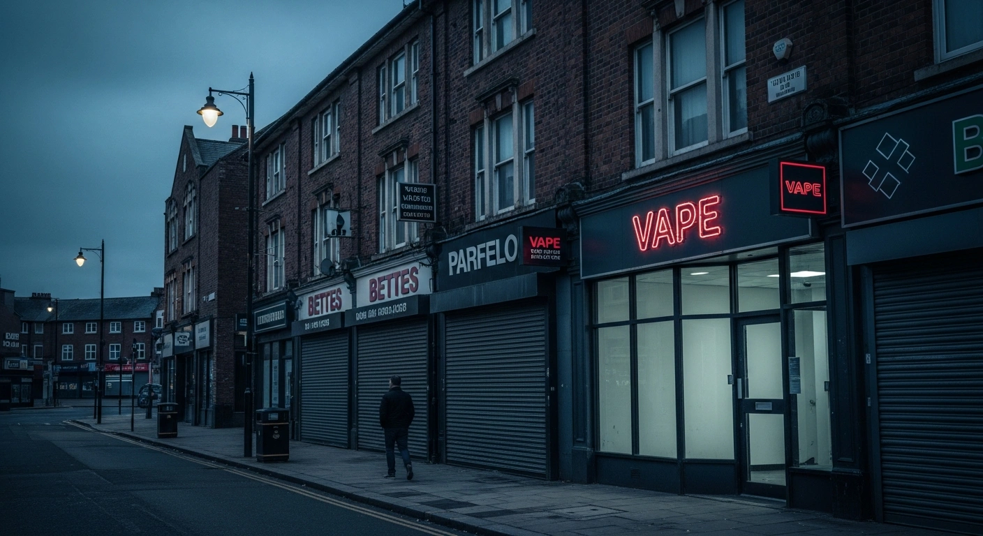 A quiet British high street features a mix of traditional architecture and modern retail storefronts as local councils prepare to regulate vape shops and betting establishments.