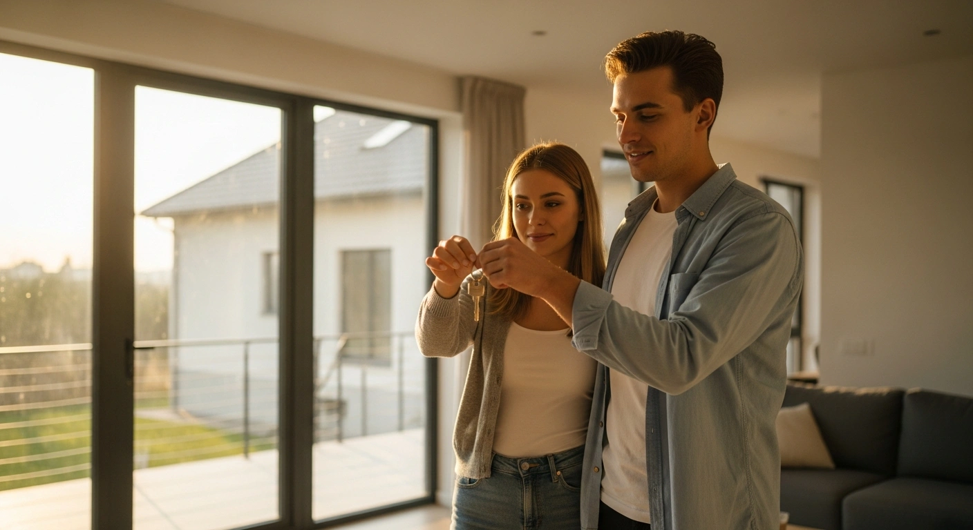 A happy couple holds house keys in a bright, modern home to represent the UK government's new reforms to simplify the property buying and selling process.