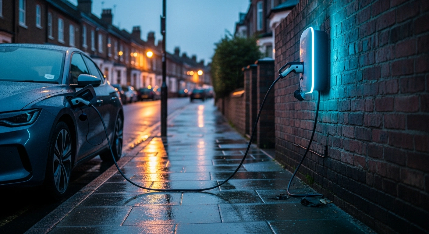 A modern electric vehicle is plugged into a residential wall-mounted charging station on a quiet street in the United Kingdom.