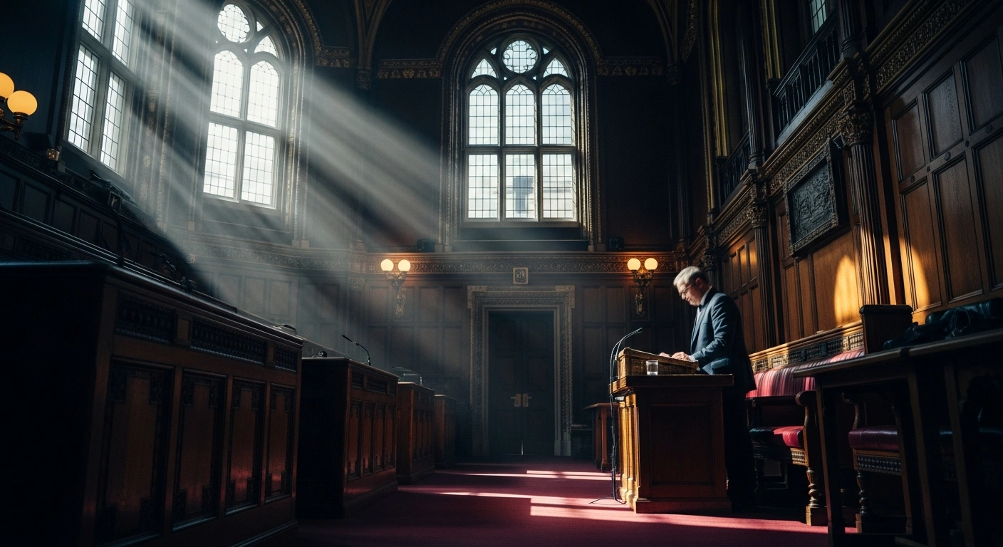 A member of the UK House of Lords debates the National Security Act inside a historic chamber to address state threats and foreign interference.