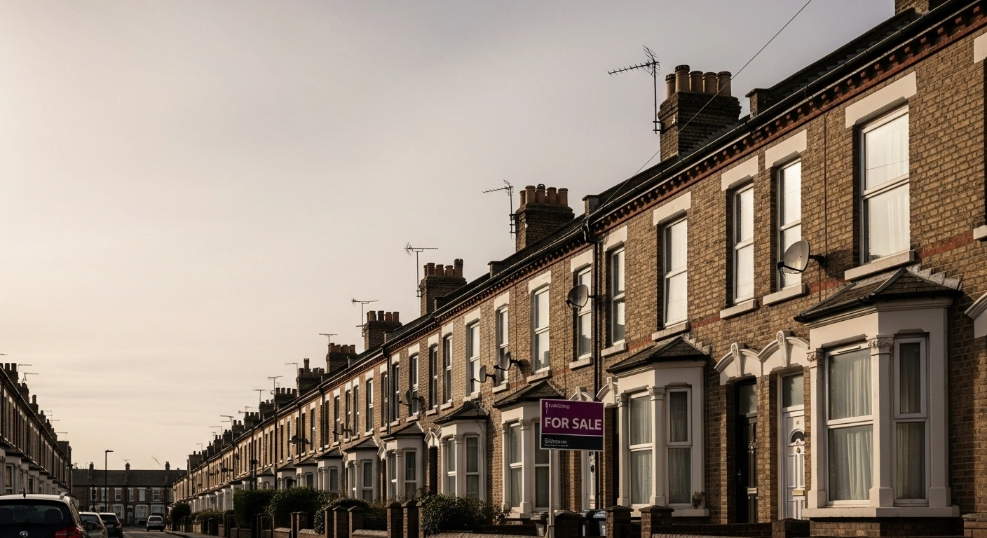 A row of traditional British terraced houses under an overcast sky, symbolizing the slowdown in UK house price growth to 1.3% year-on-year in September 2025, with the average property value at £298,184.