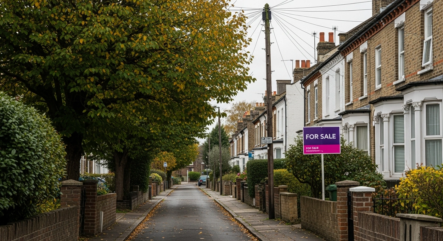 A quiet residential street in a British town, featuring rows of terraced houses under soft, diffused light, with a subtle 'For Sale' sign in a garden, visually representing the decelerated UK house price growth to 0.6% in December 2025 and the resilient housing market.